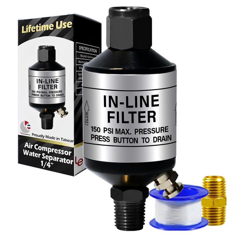 LE LEMATEC فاصل مياه وضاغط هواء LE LEMATEC مع صمام تصريف بزر ضغط، 1/4" NPT مزيل رطوبة متصل لمدفع طلاء HVLP، آلة الرمل، قاطع البلازما - AI303-C1 - Image 1